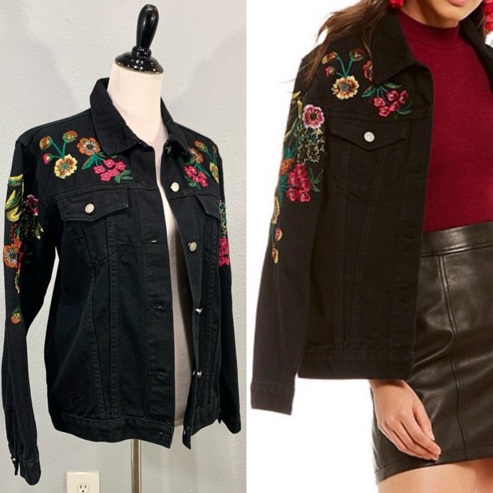 Gianni Bini Southern Dream Denim Jacket NWT Large Black Floral Embroidered‎